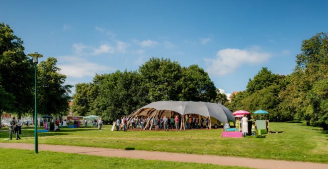 Folkets House, Opportunity Space Festival, Opportunity Space pavilion, temporary pavilion, Malmö, Sweden, ARExA, Walter P Moore, Milou Group, Virginia Tech School of Architecture + Design, timber pavilion, timber beams, green architecture