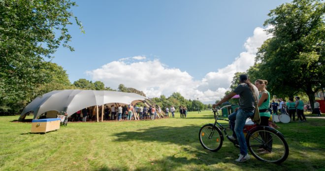Folkets House, Opportunity Space Festival, Opportunity Space pavilion, temporary pavilion, Malmö, Sweden, ARExA, Walter P Moore, Milou Group, Virginia Tech School of Architecture + Design, timber pavilion, timber beams, green architecture