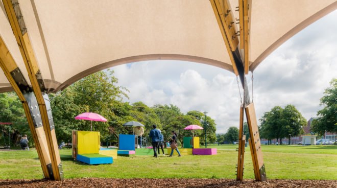 Folkets House, Opportunity Space Festival, Opportunity Space pavilion, temporary pavilion, Malmö, Sweden, ARExA, Walter P Moore, Milou Group, Virginia Tech School of Architecture + Design, timber pavilion, timber beams, green architecture