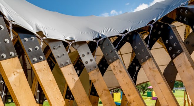 Folkets House, Opportunity Space Festival, Opportunity Space pavilion, temporary pavilion, Malmö, Sweden, ARExA, Walter P Moore, Milou Group, Virginia Tech School of Architecture + Design, timber pavilion, timber beams, green architecture