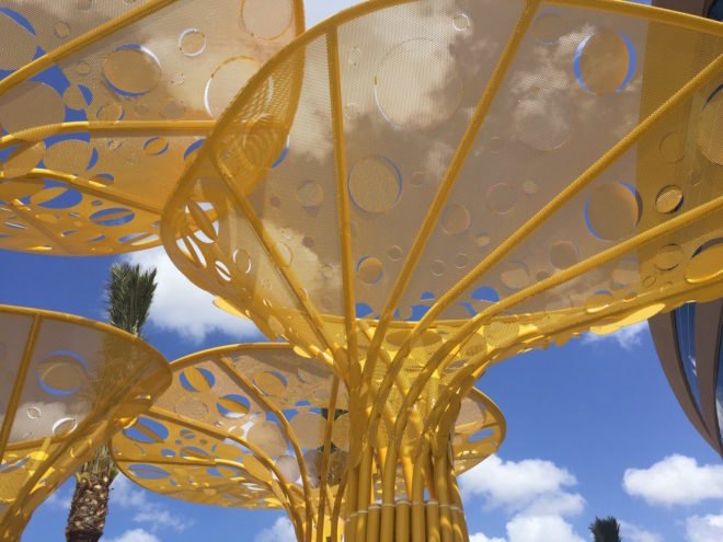 kinetic tree sculpture, Pembroke Pines City Center, Pembroke Pines Gateway Sculpture by Brooks + Scarpa, Gateway sculpture, Pembroke Pines art, Brooks + Scarpa art, landscape art, stainless steel sculpture, public plaza art Florida, public art rain gardens, triple bottom line art