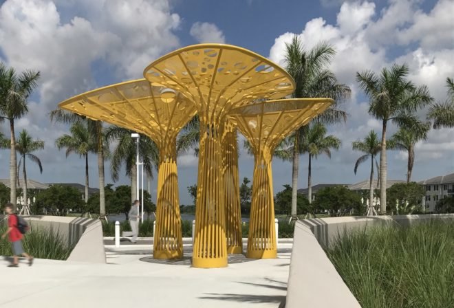 kinetic tree sculpture, Pembroke Pines City Center, Pembroke Pines Gateway Sculpture by Brooks + Scarpa, Gateway sculpture, Pembroke Pines art, Brooks + Scarpa art, landscape art, stainless steel sculpture, public plaza art Florida, public art rain gardens, triple bottom line art