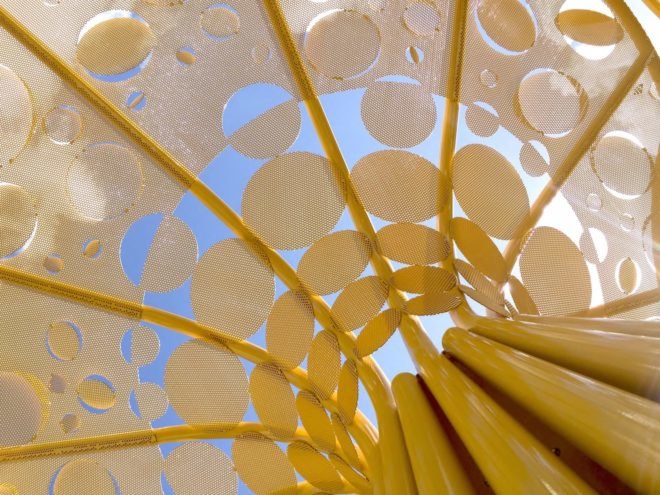 kinetic tree sculpture, Pembroke Pines City Center, Pembroke Pines Gateway Sculpture by Brooks + Scarpa, Gateway sculpture, Pembroke Pines art, Brooks + Scarpa art, landscape art, stainless steel sculpture, public plaza art Florida, public art rain gardens, triple bottom line art