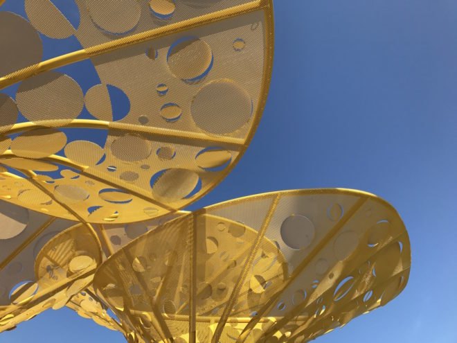 kinetic tree sculpture, Pembroke Pines City Center, Pembroke Pines Gateway Sculpture by Brooks + Scarpa, Gateway sculpture, Pembroke Pines art, Brooks + Scarpa art, landscape art, stainless steel sculpture, public plaza art Florida, public art rain gardens, triple bottom line art