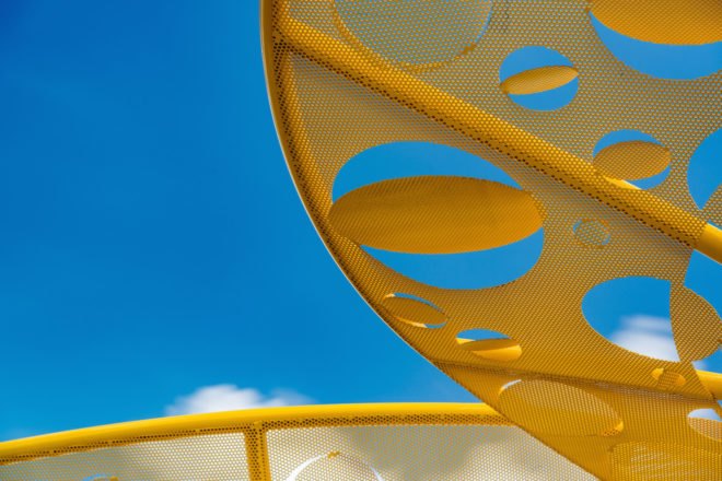 kinetic tree sculpture, Pembroke Pines City Center, Pembroke Pines Gateway Sculpture by Brooks + Scarpa, Gateway sculpture, Pembroke Pines art, Brooks + Scarpa art, landscape art, stainless steel sculpture, public plaza art Florida, public art rain gardens, triple bottom line art