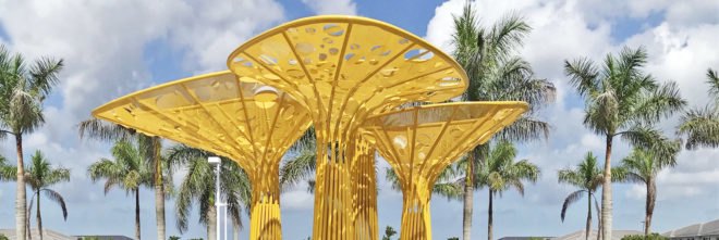 kinetic tree sculpture, Pembroke Pines City Center, Pembroke Pines Gateway Sculpture by Brooks + Scarpa, Gateway sculpture, Pembroke Pines art, Brooks + Scarpa art, landscape art, stainless steel sculpture, public plaza art Florida, public art rain gardens, triple bottom line art