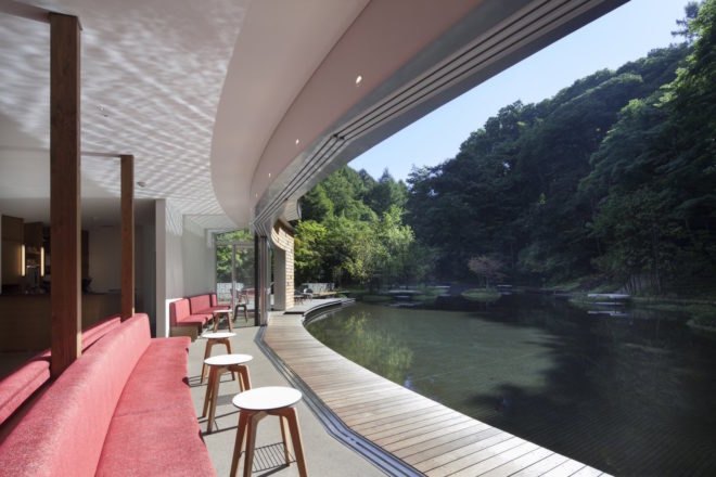 Picchio Ice Rink Visitors Center by Klein Dytham architecture, Picchio Ice Rink Visitors Center, Picchio Ice Rink, semi-natural ice rink, cedar shingle facade, Studio on Site, Mount Asama resort, Hoshinoya resort architecture, KERA-IKE ice rink,