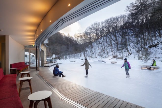 Picchio Ice Rink Visitors Center by Klein Dytham architecture, Picchio Ice Rink Visitors Center, Picchio Ice Rink, semi-natural ice rink, cedar shingle facade, Studio on Site, Mount Asama resort, Hoshinoya resort architecture, KERA-IKE ice rink,