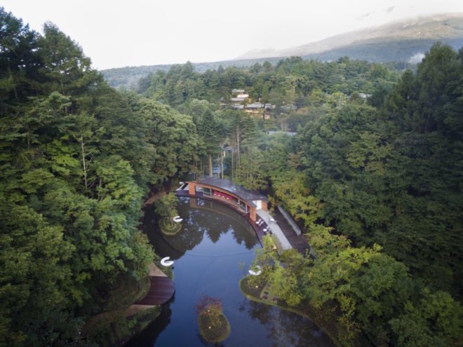 Picchio Ice Rink Visitors Center by Klein Dytham architecture, Picchio Ice Rink Visitors Center, Picchio Ice Rink, semi-natural ice rink, cedar shingle facade, Studio on Site, Mount Asama resort, Hoshinoya resort architecture, KERA-IKE ice rink,