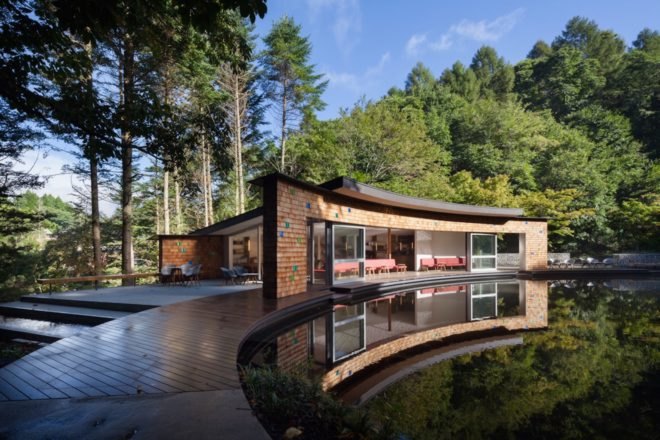 Picchio Ice Rink Visitors Center by Klein Dytham architecture, Picchio Ice Rink Visitors Center, Picchio Ice Rink, semi-natural ice rink, cedar shingle facade, Studio on Site, Mount Asama resort, Hoshinoya resort architecture, KERA-IKE ice rink,