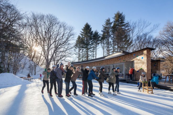 Picchio Ice Rink Visitors Center by Klein Dytham architecture, Picchio Ice Rink Visitors Center, Picchio Ice Rink, semi-natural ice rink, cedar shingle facade, Studio on Site, Mount Asama resort, Hoshinoya resort architecture, KERA-IKE ice rink,