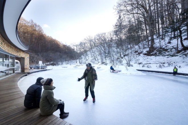 Picchio Ice Rink Visitors Center by Klein Dytham architecture, Picchio Ice Rink Visitors Center, Picchio Ice Rink, semi-natural ice rink, cedar shingle facade, Studio on Site, Mount Asama resort, Hoshinoya resort architecture, KERA-IKE ice rink,