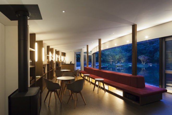 Picchio Ice Rink Visitors Center by Klein Dytham architecture, Picchio Ice Rink Visitors Center, Picchio Ice Rink, semi-natural ice rink, cedar shingle facade, Studio on Site, Mount Asama resort, Hoshinoya resort architecture, KERA-IKE ice rink,