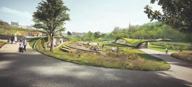 Butterfly by WHY Architects, Ross Pavilion International Design Competition, Ross Pavilion by WHY Architects, green roofed Ross Pavilion, Ross Pavilion West Princes Street Garden, Ross Pavilion Edinburgh Castle,