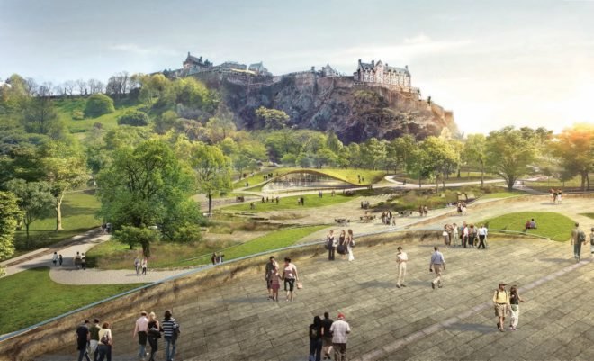 Butterfly by WHY Architects, Ross Pavilion International Design Competition, Ross Pavilion by WHY Architects, green roofed Ross Pavilion, Ross Pavilion West Princes Street Garden, Ross Pavilion Edinburgh Castle,