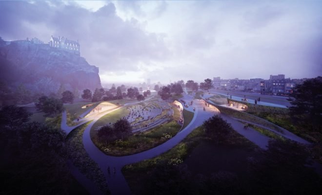 Butterfly by WHY Architects, Ross Pavilion International Design Competition, Ross Pavilion by WHY Architects, green roofed Ross Pavilion, Ross Pavilion West Princes Street Garden, Ross Pavilion Edinburgh Castle,