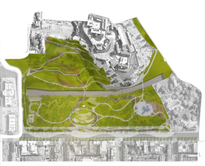 Butterfly by WHY Architects, Ross Pavilion International Design Competition, Ross Pavilion by WHY Architects, green roofed Ross Pavilion, Ross Pavilion West Princes Street Garden, Ross Pavilion Edinburgh Castle,