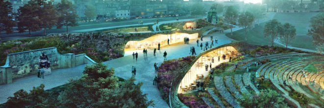 Butterfly by WHY Architects, Ross Pavilion International Design Competition, Ross Pavilion by WHY Architects, green roofed Ross Pavilion, Ross Pavilion West Princes Street Garden, Ross Pavilion Edinburgh Castle,