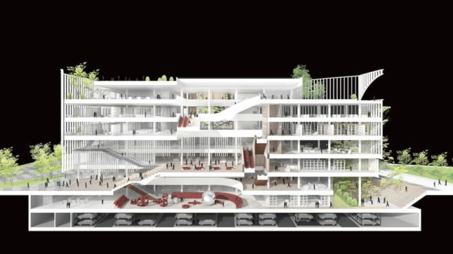 Shenzhen Book City by Atelier Global, Shenzhen Book City, Long Hua arts district Shenzhen, breathable skin architecture, mixed use public space and library in China,