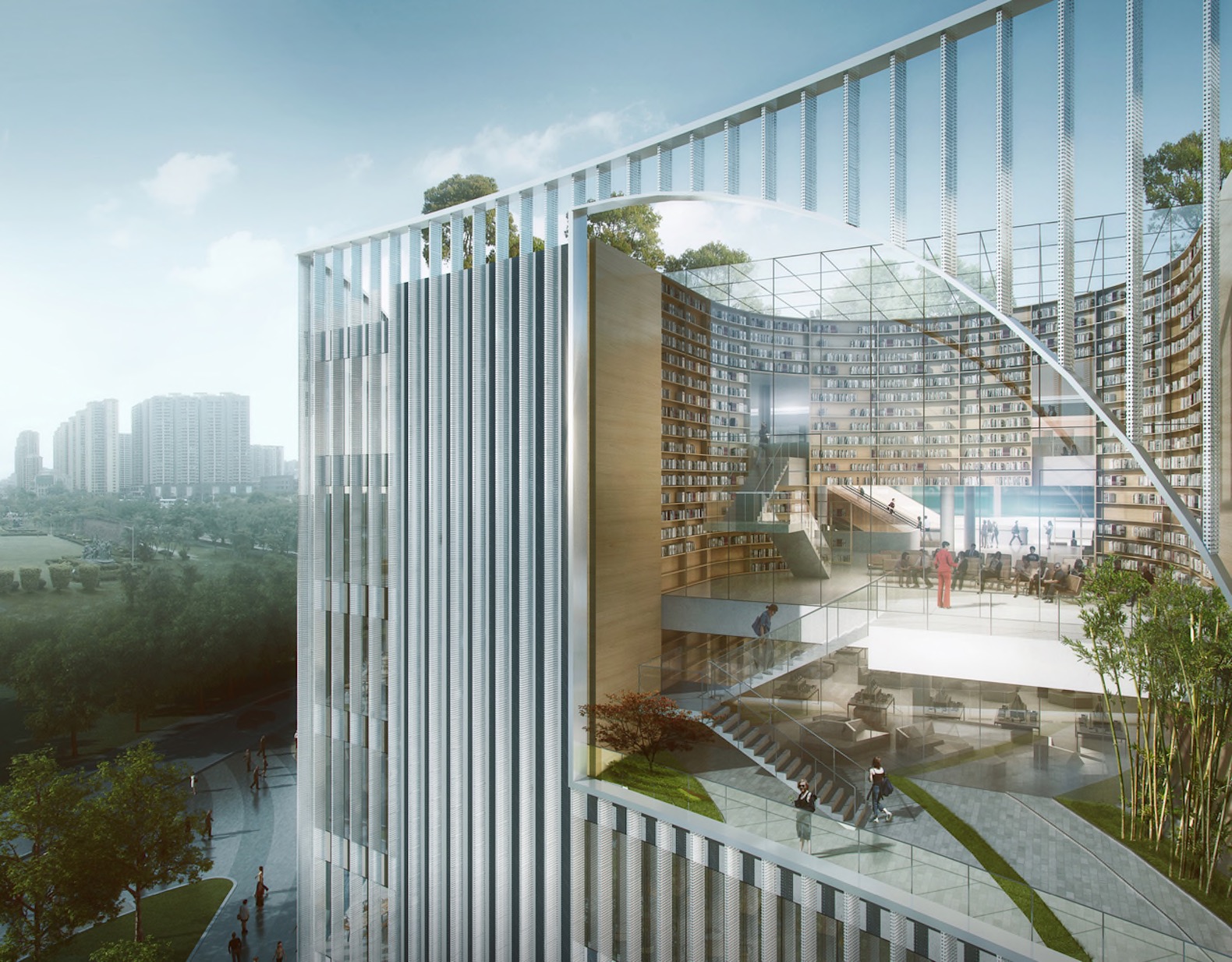Shenzhen Book City by Atelier Global, Shenzhen Book City, Long Hua arts district Shenzhen, breathable skin architecture, mixed use public space and library in China,