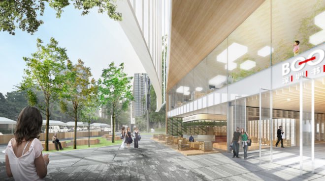 Shenzhen Book City by Atelier Global, Shenzhen Book City, Long Hua arts district Shenzhen, breathable skin architecture, mixed use public space and library in China,