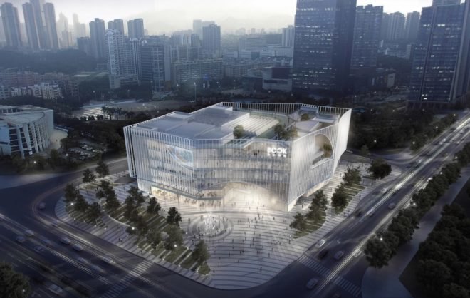 Shenzhen Book City by Atelier Global, Shenzhen Book City, Long Hua arts district Shenzhen, breathable skin architecture, mixed use public space and library in China,