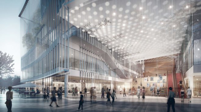 Shenzhen Book City by Atelier Global, Shenzhen Book City, Long Hua arts district Shenzhen, breathable skin architecture, mixed use public space and library in China,