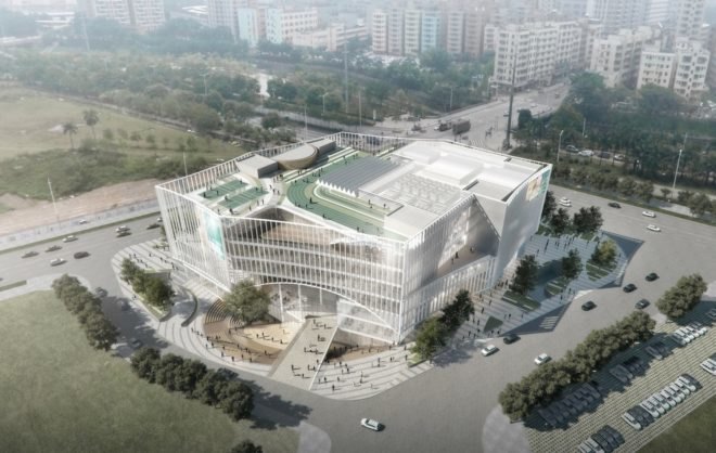 Shenzhen Book City by Atelier Global, Shenzhen Book City, Long Hua arts district Shenzhen, breathable skin architecture, mixed use public space and library in China,