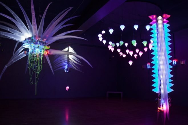 Shih Chieh Huang, Reusable Universes, Worcester Art Museum , plastic art, Shih Chieh Huang Cybernetic Bestiary, plastic art, art installations, plastic art installations, inflatable art, plastic waste, bioluminescent sea monsters, illuminated art, LED art