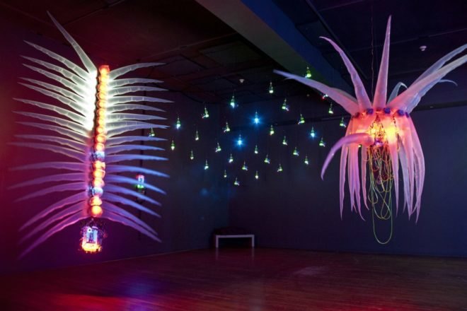 Shih Chieh Huang, Reusable Universes, Worcester Art Museum , plastic art, Shih Chieh Huang Cybernetic Bestiary, plastic art, art installations, plastic art installations, inflatable art, plastic waste, bioluminescent sea monsters, illuminated art, LED art