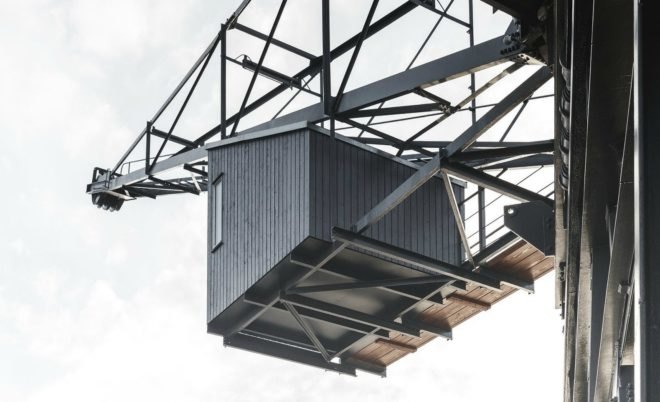Arcgency, The Krane, Klaus Kastbjerg, coal crane spa, spa retreat copenhagen, spa retreat design, interior design, adaptive reuse, hanging spa, spa crane, coal crane renovation, monochromatic spaces, minimalist spa design, minimalist interiors,