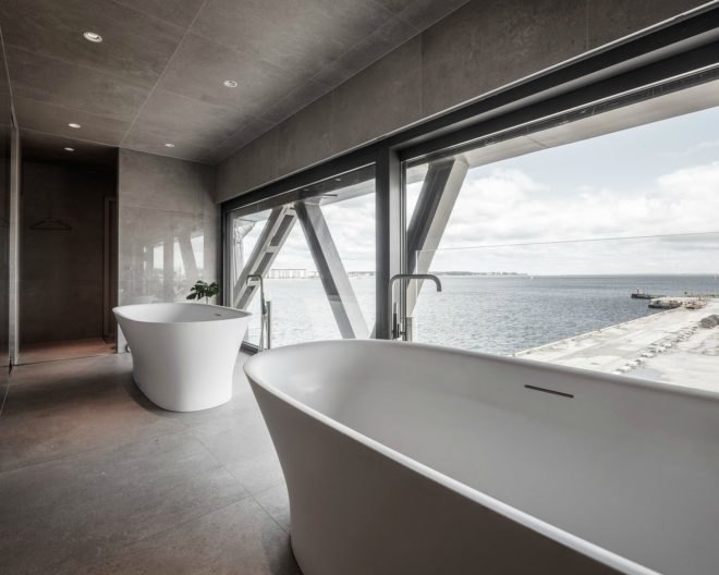 Arcgency, The Krane, Klaus Kastbjerg, coal crane spa, spa retreat copenhagen, spa retreat design, interior design, adaptive reuse, hanging spa, spa crane, coal crane renovation, monochromatic spaces, minimalist spa design, minimalist interiors,