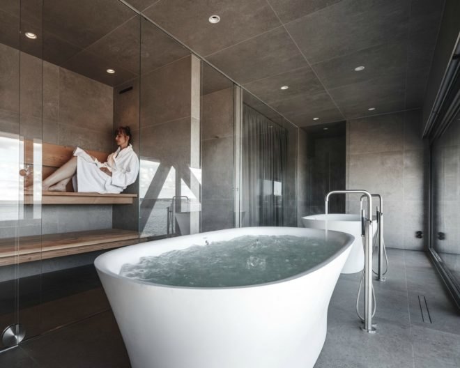 Arcgency, The Krane, Klaus Kastbjerg, coal crane spa, spa retreat copenhagen, spa retreat design, interior design, adaptive reuse, hanging spa, spa crane, coal crane renovation, monochromatic spaces, minimalist spa design, minimalist interiors,