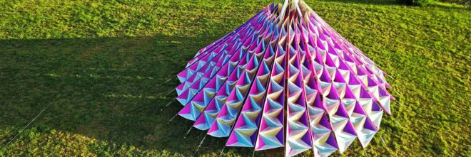 Titled Wind Cathedral, Neon studio, Victor-Saint-la Riviere, art installations, art installations france, neon, Mark Nixon, Horizons exhibition, wind art installations, tent art installations, colorful cathedral, art installation structures, fabric cathedral, tent cathedral