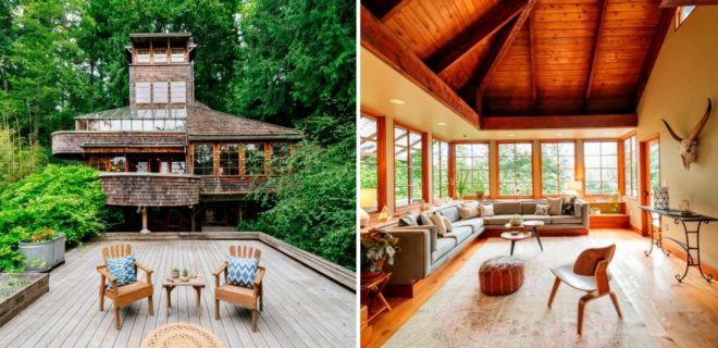 Jason McLennan, tree house tower, pugent sound tree house, seattle architecture, leo decaprio, reclaimed wood, reclaimed boat parts, home design, interior design, reclaimed furniture, green interior design, green architecture, porthole windows, Bainbridge Island, Bainbridge Island homes,