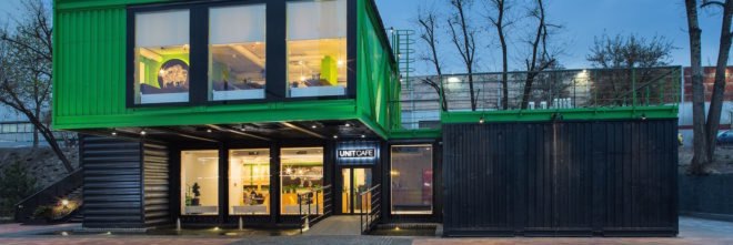 Unit Cafe by TSEH Architectural Group, Unit Cafe in Kiev, Unit Cafe at Unit Factory, Unit Factory school, Unit Factory Kiev, TSEH Architectural Group shipping containers, shipping container architecture Kiev, cargotecture cafe