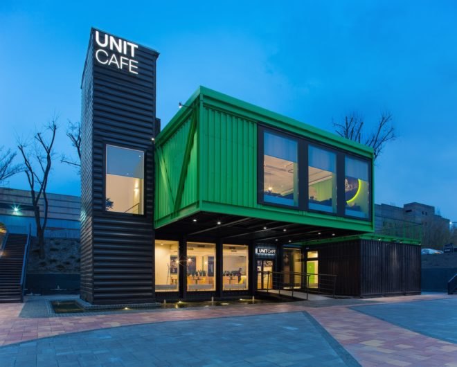 Unit Cafe by TSEH Architectural Group, Unit Cafe in Kiev, Unit Cafe at Unit Factory, Unit Factory school, Unit Factory Kiev, TSEH Architectural Group shipping containers, shipping container architecture Kiev, cargotecture cafe