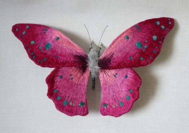 Yumi Okita, moth sculptures, fiber art, insect art, fabric sculptures, miniature sculptures, butterfly art, moth art, textile moth art, embroidered moths, embroidery art, diy art, etsy artists, intricate moth art, animal scupltures, textile artwork, textile sculptures