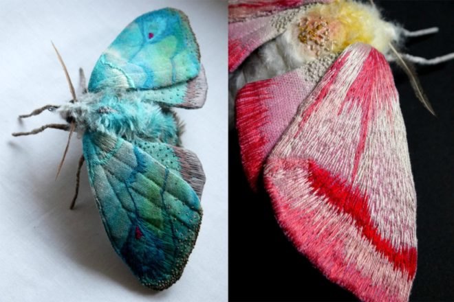 Yumi Okita, moth sculptures, fiber art, insect art, fabric sculptures, miniature sculptures, butterfly art, moth art, textile moth art, embroidered moths, embroidery art, diy art, etsy artists, intricate moth art, animal scupltures, textile artwork, textile sculptures