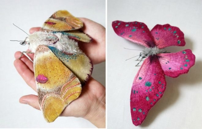 Yumi Okita, moth sculptures, fiber art, insect art, fabric sculptures, miniature sculptures, butterfly art, moth art, textile moth art, embroidered moths, embroidery art, diy art, etsy artists, intricate moth art, animal scupltures, textile artwork, textile sculptures
