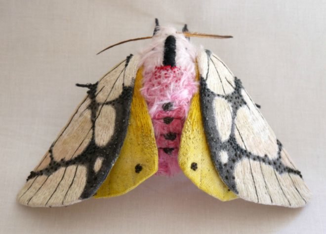 Yumi Okita, moth sculptures, fiber art, insect art, fabric sculptures, miniature sculptures, butterfly art, moth art, textile moth art, embroidered moths, embroidery art, diy art, etsy artists, intricate moth art, animal scupltures, textile artwork, textile sculptures
