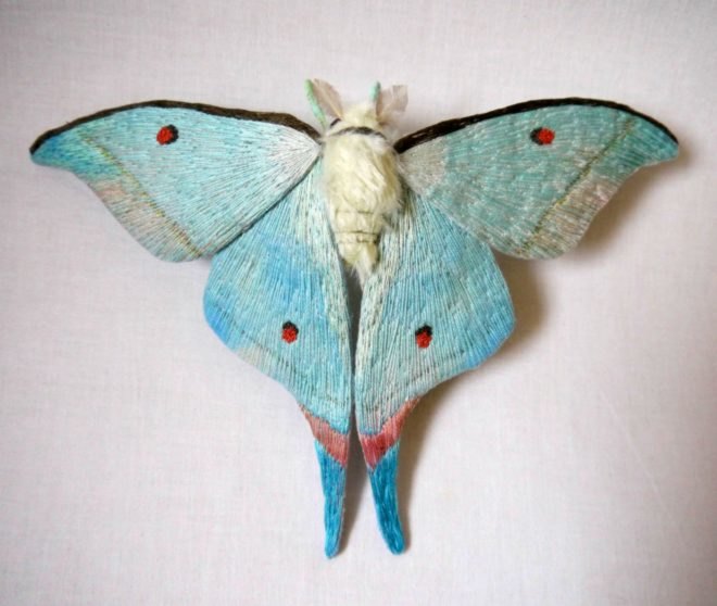 Yumi Okita, moth sculptures, fiber art, insect art, fabric sculptures, miniature sculptures, butterfly art, moth art, textile moth art, embroidered moths, embroidery art, diy art, etsy artists, intricate moth art, animal scupltures, textile artwork, textile sculptures