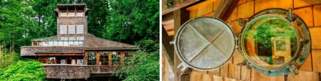 Jason McLennan, tree house tower, pugent sound tree house, seattle architecture, leo decaprio, reclaimed wood, reclaimed boat parts, home design, interior design, reclaimed furniture, green interior design, green architecture, porthole windows, Bainbridge Island, Bainbridge Island homes,