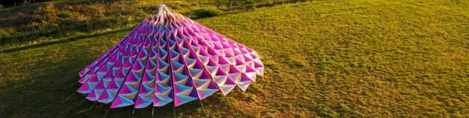Titled Wind Cathedral, Neon studio, Victor-Saint-la Riviere, art installations, art installations france, neon, Mark Nixon, Horizons exhibition, wind art installations, tent art installations, colorful cathedral, art installation structures, fabric cathedral, tent cathedral
