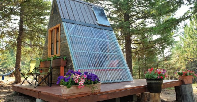 A-frame cabin, Montana, tiny house, Derek Diedricksen, affordable house, DIY cabin, solar power, solar panels, green architecture, Alla Ponomareva