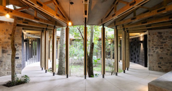 Casa Amacueca, CoA arquitectura, Departamento de Arquitectura, timber, stone, retreat, Mexico, concrete, wooden walkway, gable roof, natural light, courtyard