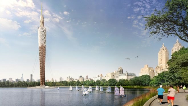 DFA, Central park reservoir, central park nyc, nyc parks, timber tower, Jacqueline Kennedy Onassis Reservoir, timber observation tower central park, water cleaning observation tower nyc, nyc observation tower dfa, wind turbine, water filtration systems,