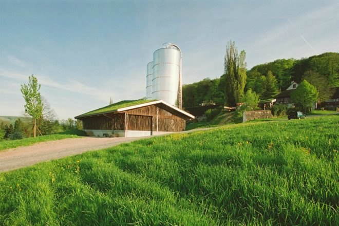 Forschungs + Architekturbüro AG, cow barn, barn design, barn renovation, stick structures, natural building materials, green building materials, sustainable building materials, cow bard design, green roof, grass-topped roof, green design, agriculture, basel barn, swiss architecture