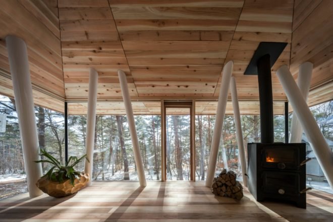 Life Style Koubou, One Year Project, Mount Bandai in Fukushima, Japan, homes on stilts, vacation homes japan, timber homes, wooden homes, timber cabins japan, japanese architecture, Mount Bandai home, glass cabins, cedar cabins, cedar retreats, off grid retreats, low impact design, green design, locally-sourced materials, locally-sourced timber, timber cabins japan