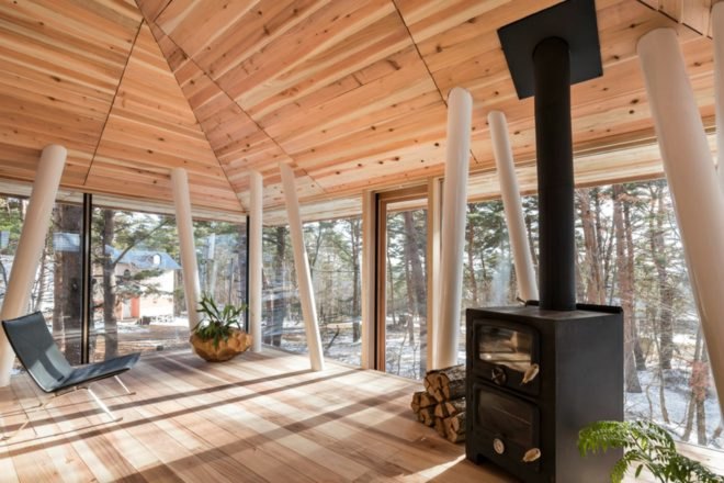 Life Style Koubou, One Year Project, Mount Bandai in Fukushima, Japan, homes on stilts, vacation homes japan, timber homes, wooden homes, timber cabins japan, japanese architecture, Mount Bandai home, glass cabins, cedar cabins, cedar retreats, off grid retreats, low impact design, green design, locally-sourced materials, locally-sourced timber, timber cabins japan